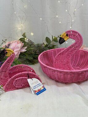 Ciroa Hello Summer Pink Wicker Tropical Flaming Basket & Napkin Holder 2 PC Set